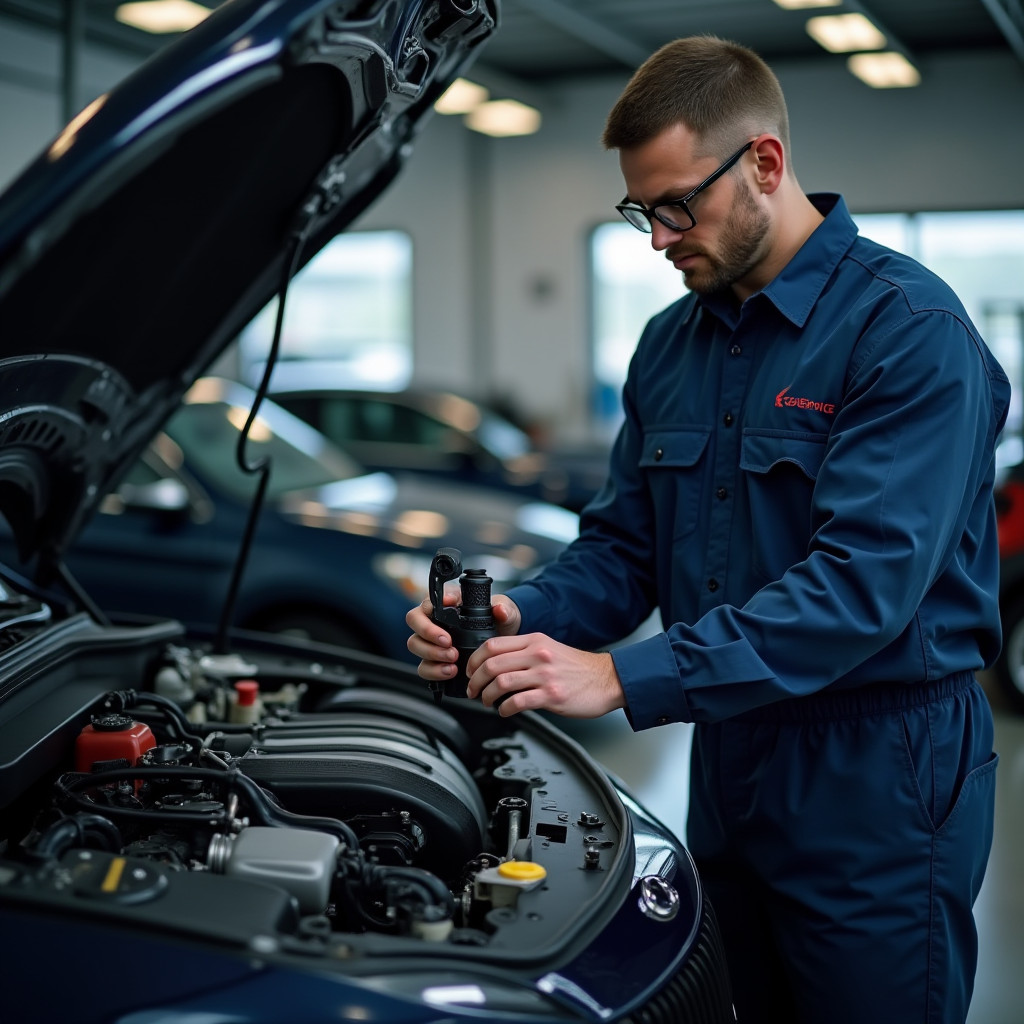 Професійний механік проводить детальну діагностику двигуна автомобіля в сучасному автосервісі з використанням спеціалізованого обладнання