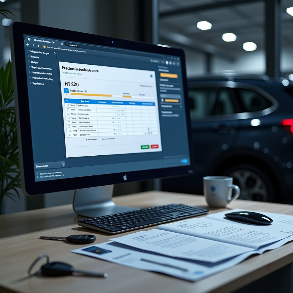 Сучасний інтерфейс онлайн-сервісу перевірки історії автомобіля в Україні, на екрані комп'ютера відображаються дані про VIN-код, пробіг та історію ДТП, на столі лежать документи на автомобіль та ключі