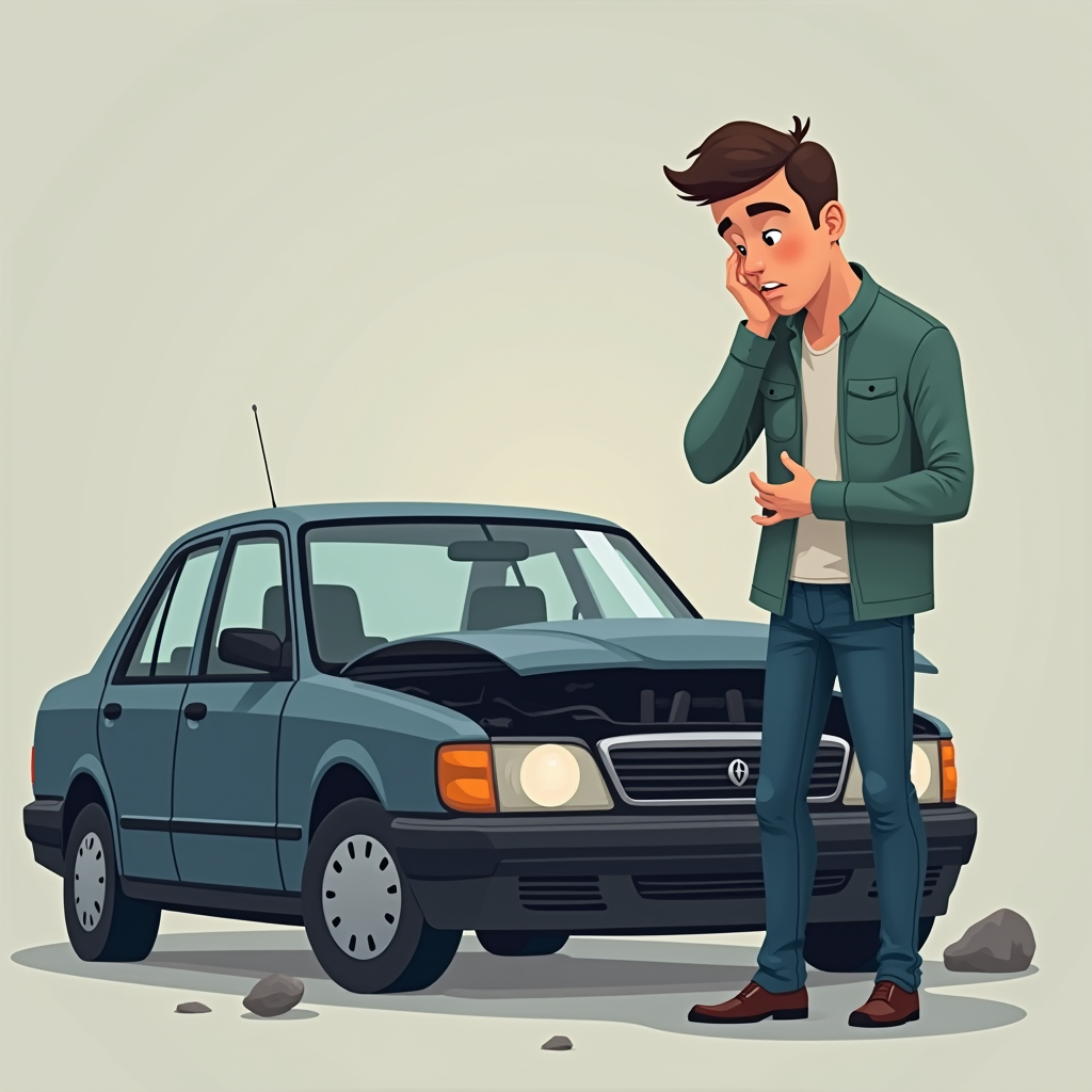 Розчарований покупець біля проблемного вживаного автомобіля: ілюстрація типових помилок при виборі авто без належної перевірки, поспішні рішення та ігнорування історії обслуговування