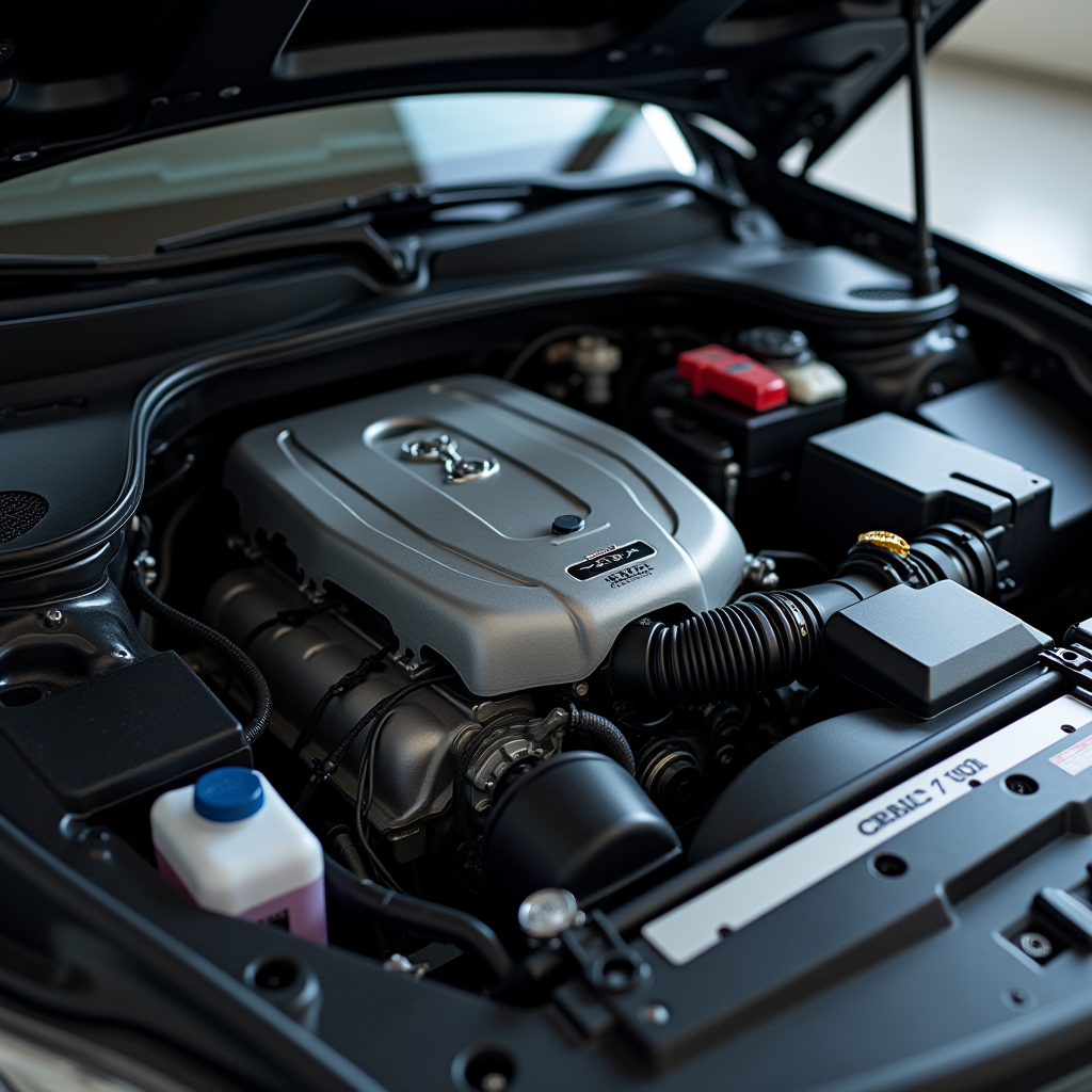 Детальний вигляд моторного відсіку автомобіля з чистим блоком двигуна та всіма компонентами для перевірки технічного стану