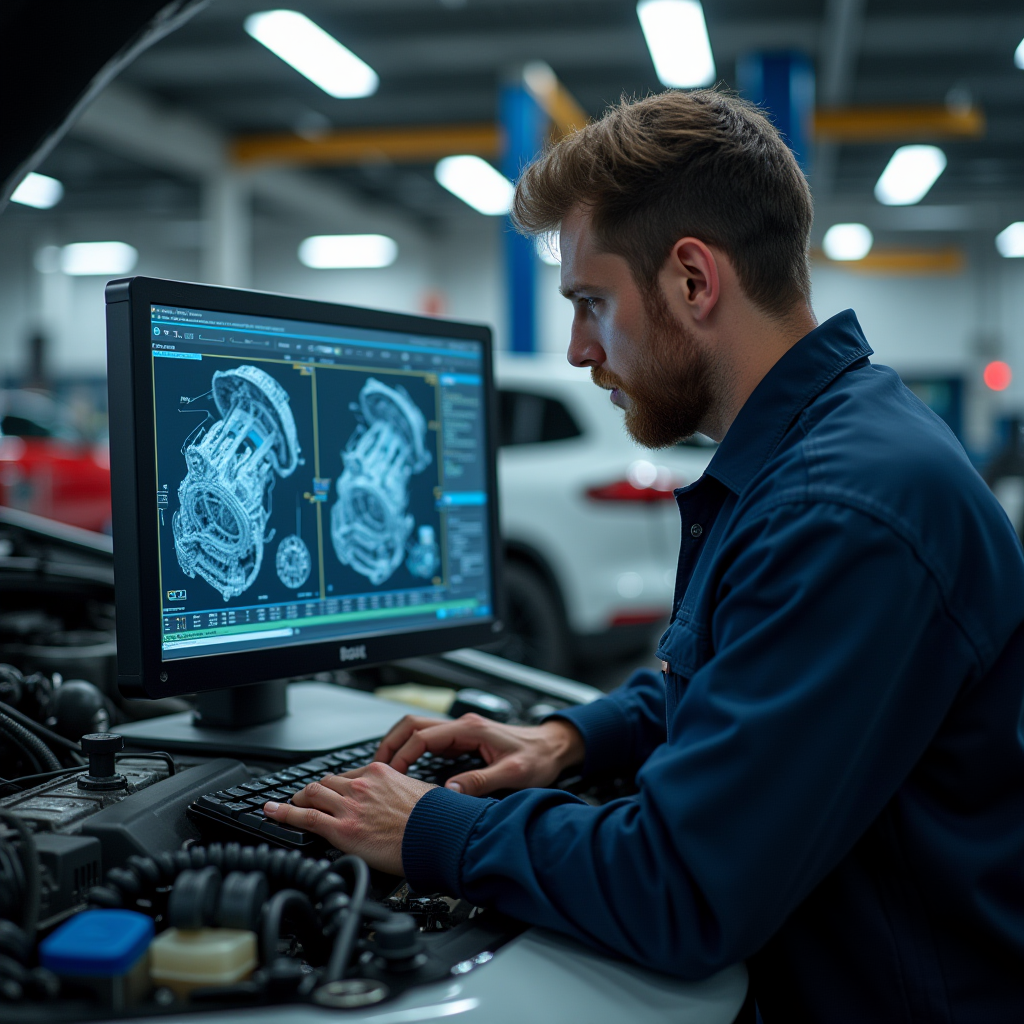 Механік проводить детальну комп'ютерну діагностику двигуна вживаного автомобіля на професійній СТО з підключеним обладнанням