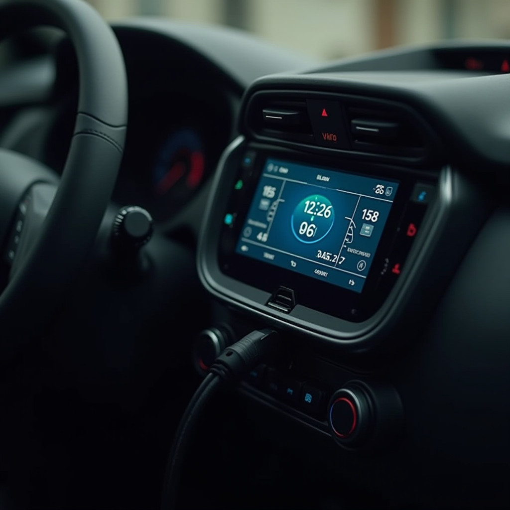 Панель приладів автомобіля з підключеним діагностичним сканером, що показує перевірку всіх електронних систем