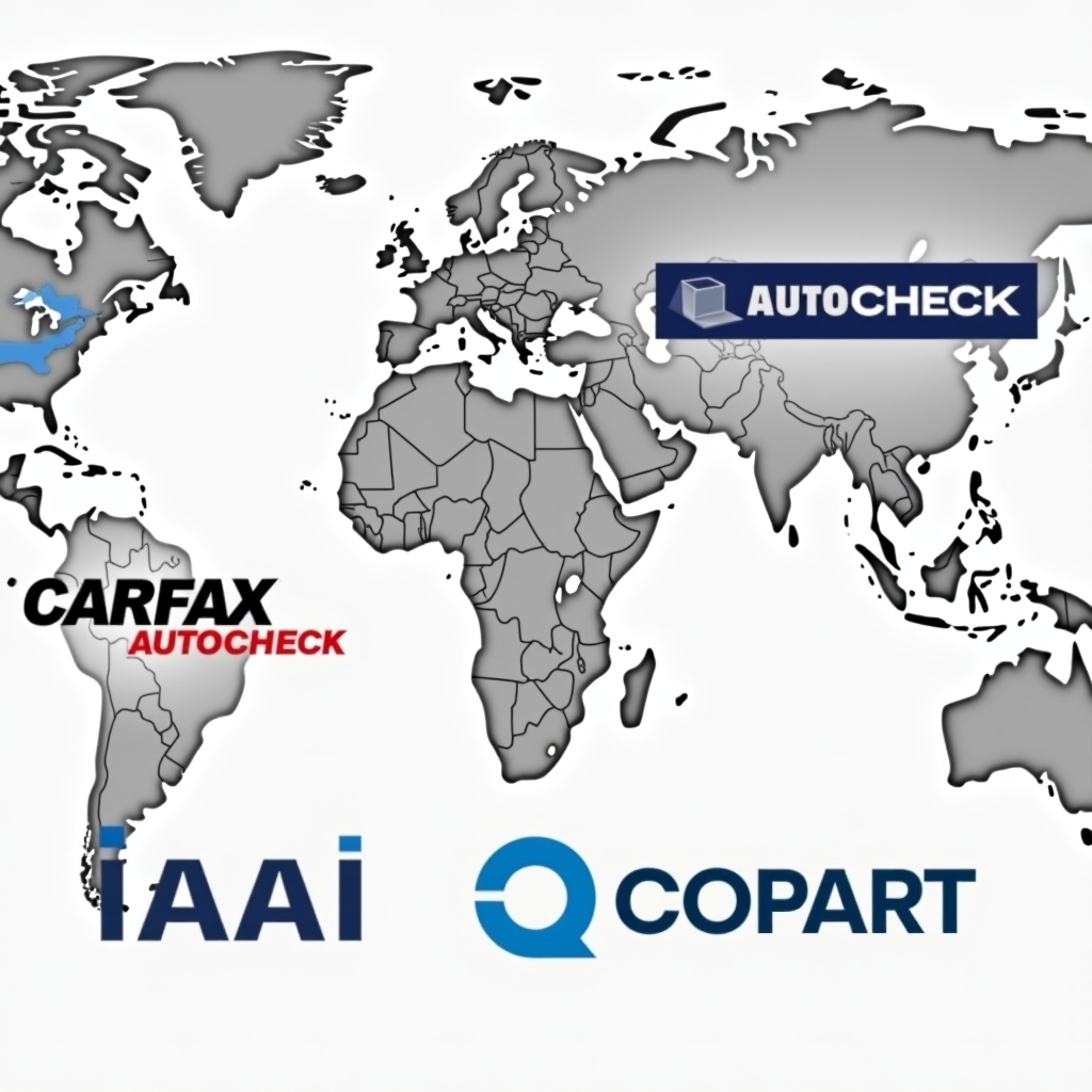 Колаж з логотипами міжнародних сервісів перевірки автомобілів Carfax, AutoCheck, Copart та IAAI, на фоні карти світу з маркерами основних країн-експортерів автомобілів