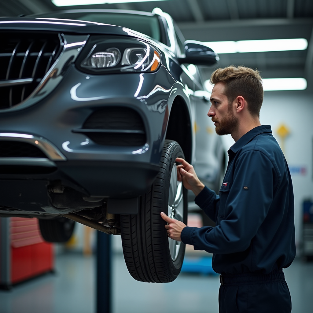 Професійний механік оглядає вживаний сімейний автомобіль на підйомнику в сучасному сервісному центрі, перевіряє підвіску та днище, видно діагностичне обладнання, яскраве освітлення майстерні