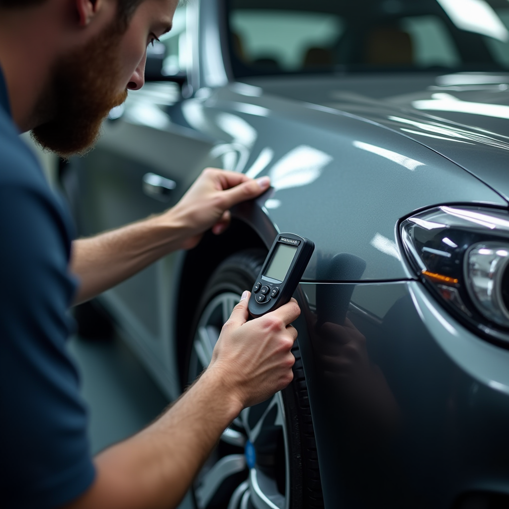 Професіонал використовує товщиномір лакофарбового покриття для перевірки кузовних панелей автомобіля на предмет фарбування