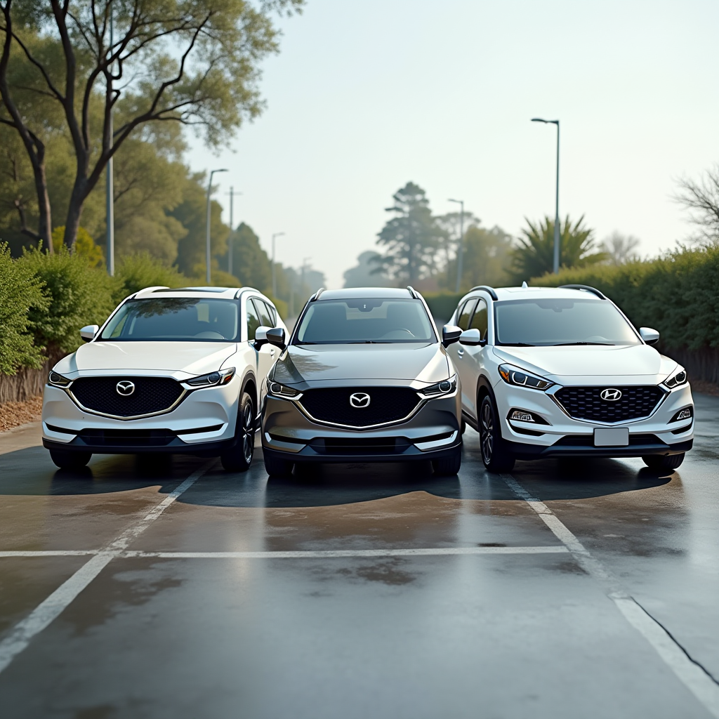 Порівняння трьох популярних компактних кросоверів Toyota RAV4, Mazda CX-5, Hyundai Tucson поруч на відкритому повітрі, сучасна фотографія, всі автомобілі в нейтральних кольорах