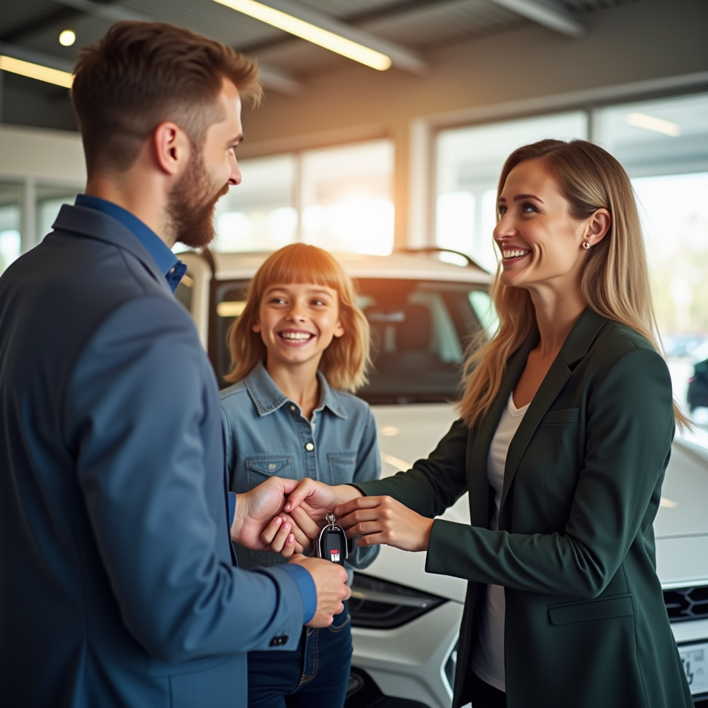 Щаслива українська родина отримує ключі від свого нового вживаного автомобіля від дилера, рукостискання, усміхнені обличчя, фон автосалону, тепле природне освітлення